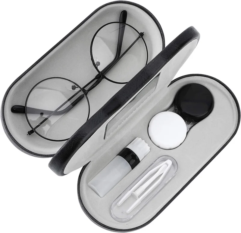 Double Eyeglass Case, Contact Lens Case with Mirror Tweezers Remover, 2 in 1 Dou