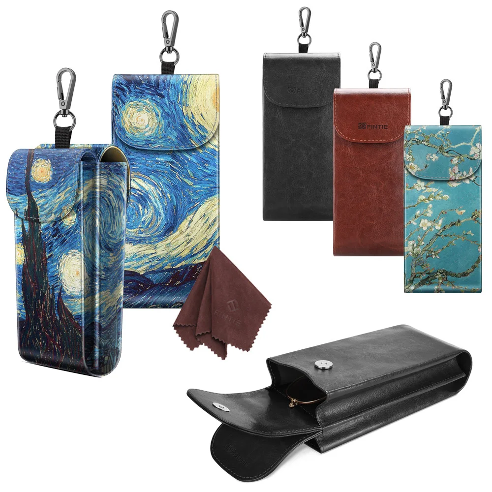 Double Glasses Case Portable Vegan Leather Eyeglass Case Pouch w/ Carabiner Hook