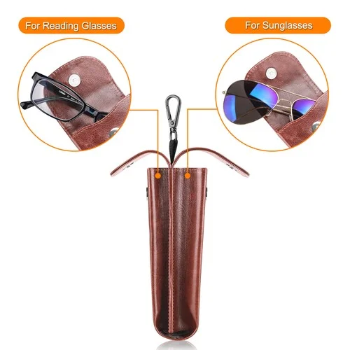 Double Glasses Case Portable Vegan Leather Eyeglass Case Pouch w/ Carabiner Hook 4