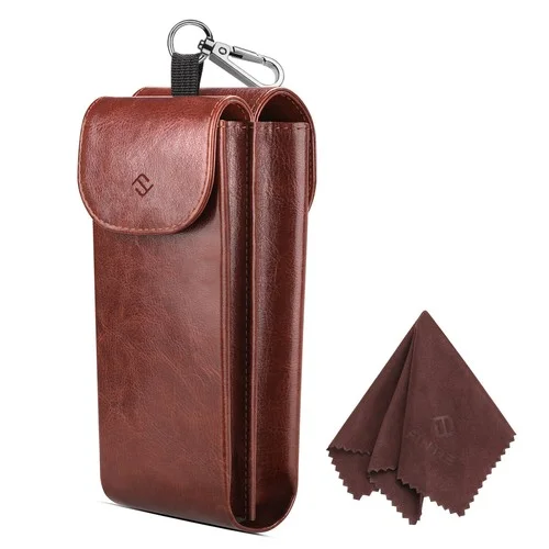 Double Glasses Pouch Case W/Carabiner Hook Portable Vegan Leather Eyeglass Case