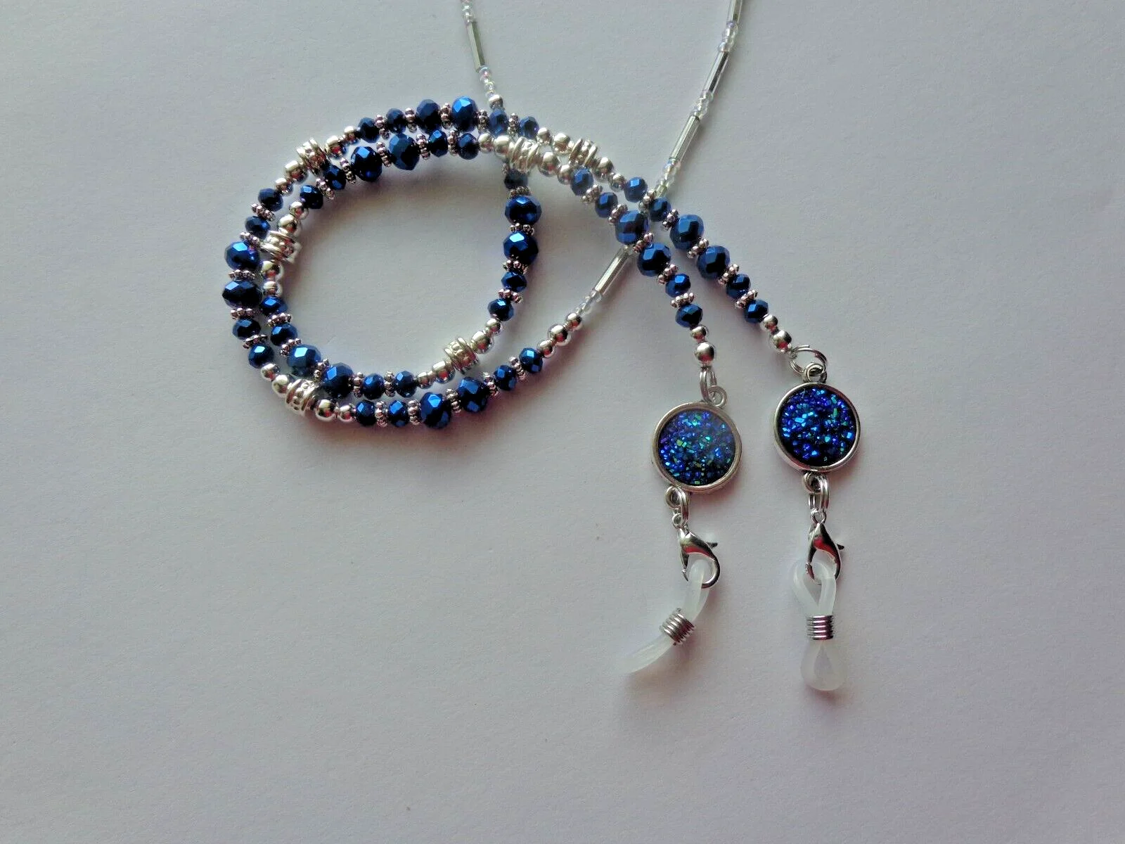 DRUZY MIDNIGHT BLUE CRYSTALS EYEGLASSES HOLDER CHAIN NECKLACE LOBSTER CLASPS 2