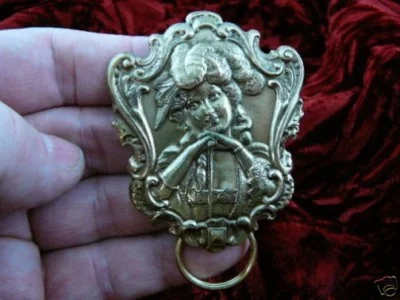 (#E-457) Coy Victorian lady brass Eyeglass pin pendant ID badge holder