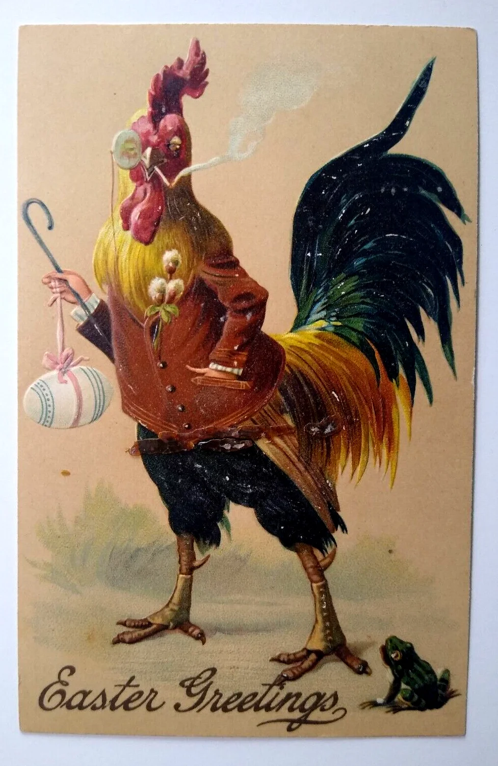 Easter Postcard Fantasy Dressed Rooster Can Monocle Eyeglass Cigarette Frog 8403 2