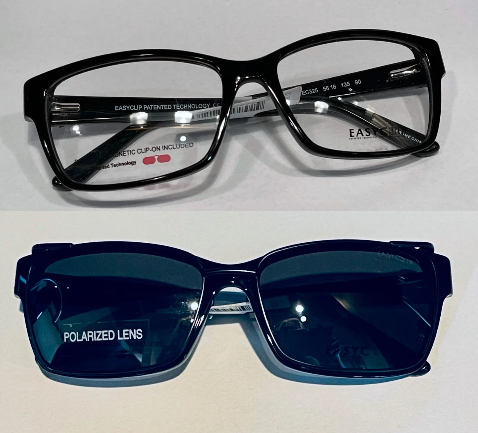 Easyclip Eyeglasses Frames EC325 Black Square Full Rim with Clip On Sunglasses