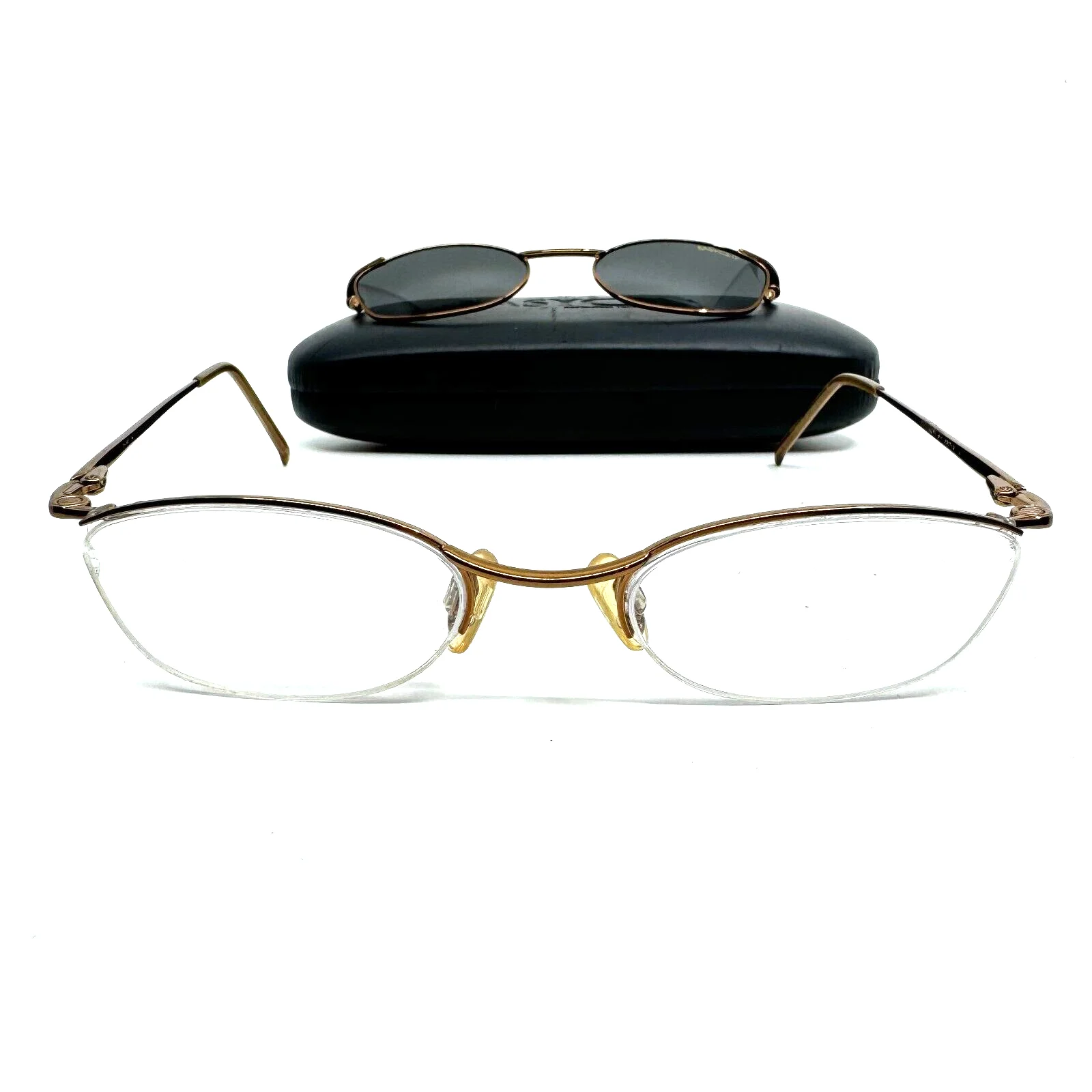 Easyclip Eyeglasses Gold Frame w Polarized ClipOn Sunglasses 49-19 H9563