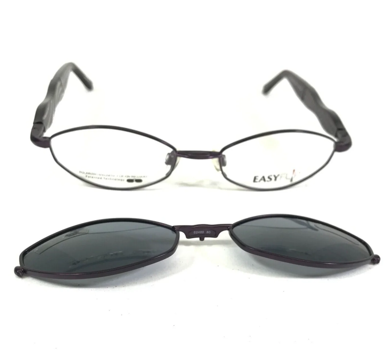 EasyFlip Eyeglasses Frames MOD S2489 Purple Round Sparkly w Clip Ons 49-17-135 2