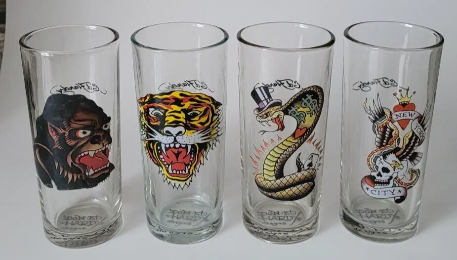 Ed Hardy Unique Tall Set of Four Drinking Glasses