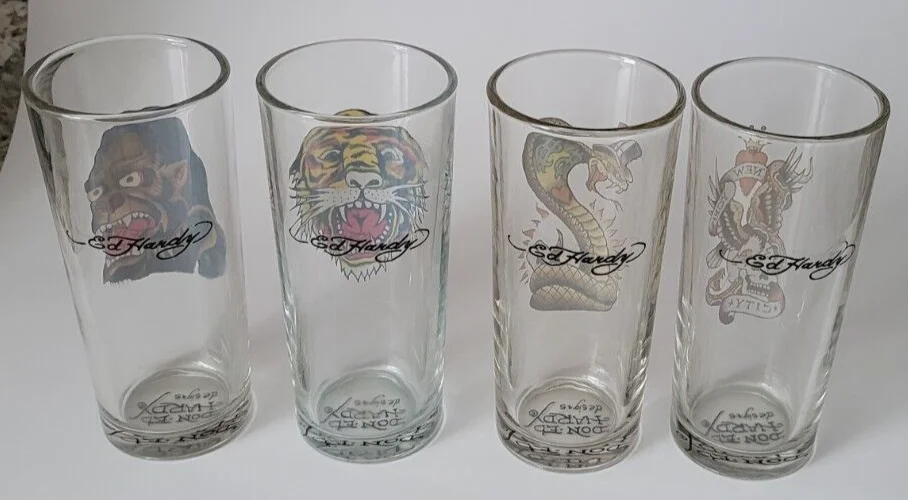 Ed Hardy Unique Tall Set of Four Drinking Glasses 2