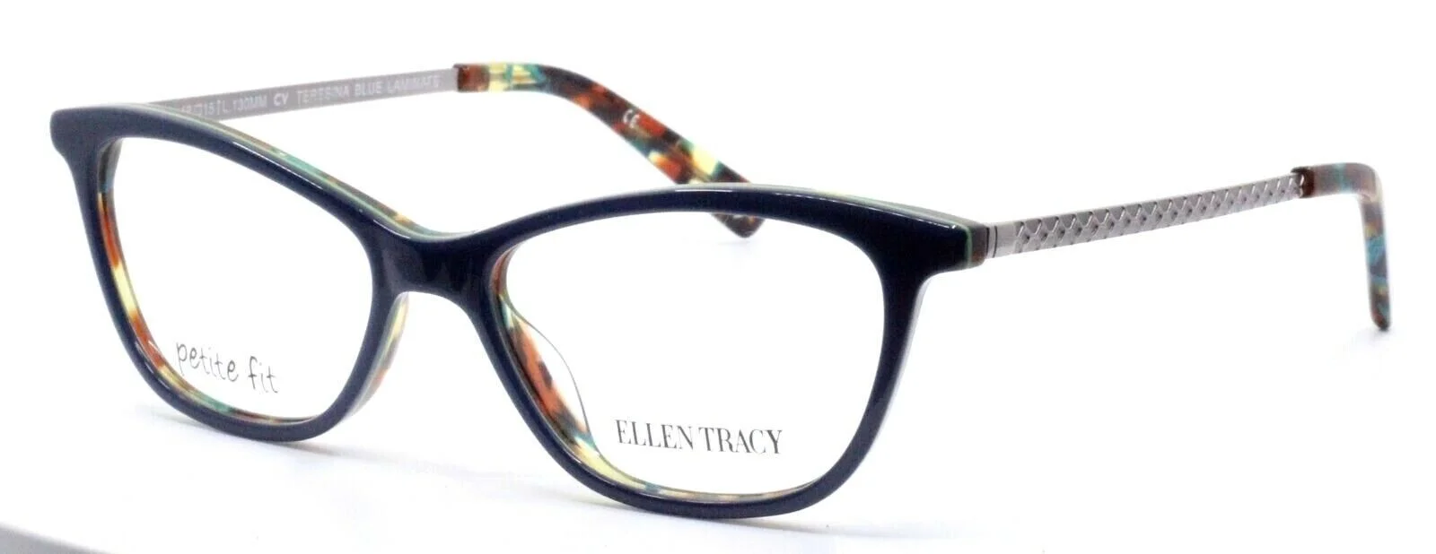 Ellen Tracy Petite Teresina Blue Laminate Cat Eye Full Rim Eyeglasses 48-15-130