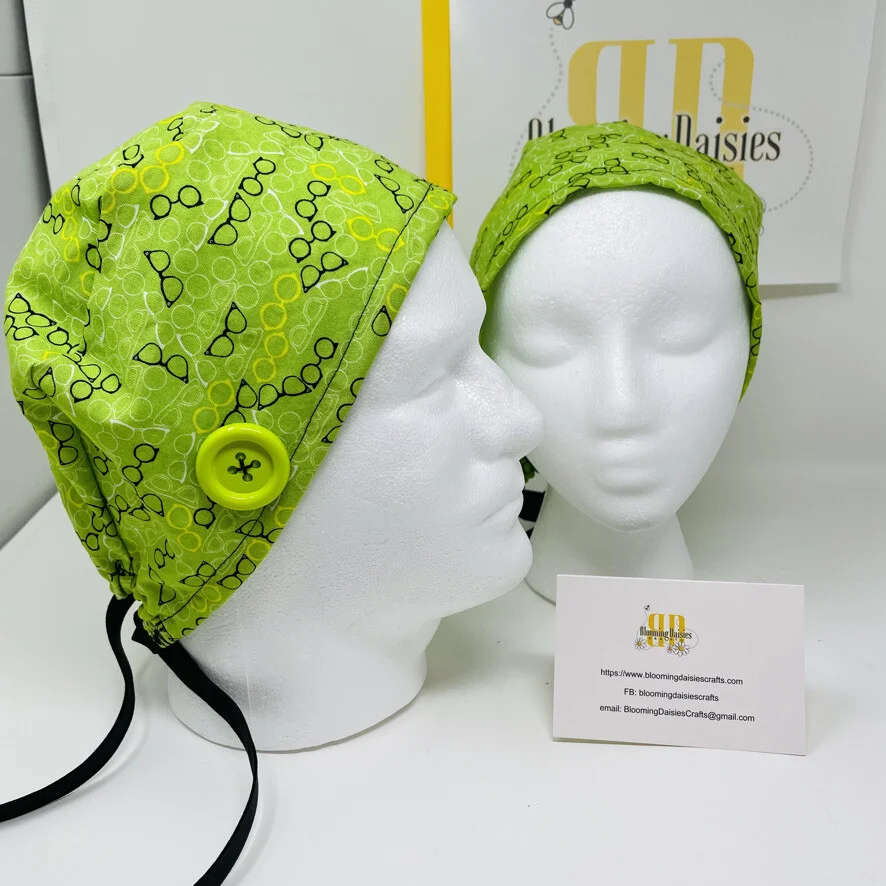 Eye Glasses - Spectacles on Green Backing Unisex Skull/Chemo Surgical Scrub Hat 2