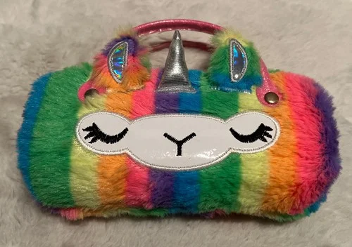 Eyeglass Case Glasses Pouch Unicorn Dazzling Hard Shell W/Handles Colorful Fuzzy