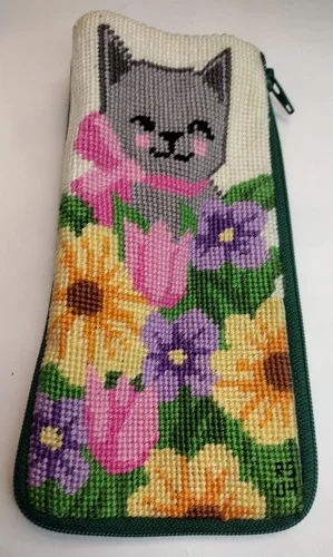 Eyeglass Case Hand Stitched from a Completed Stitch and Zip Garden Cat