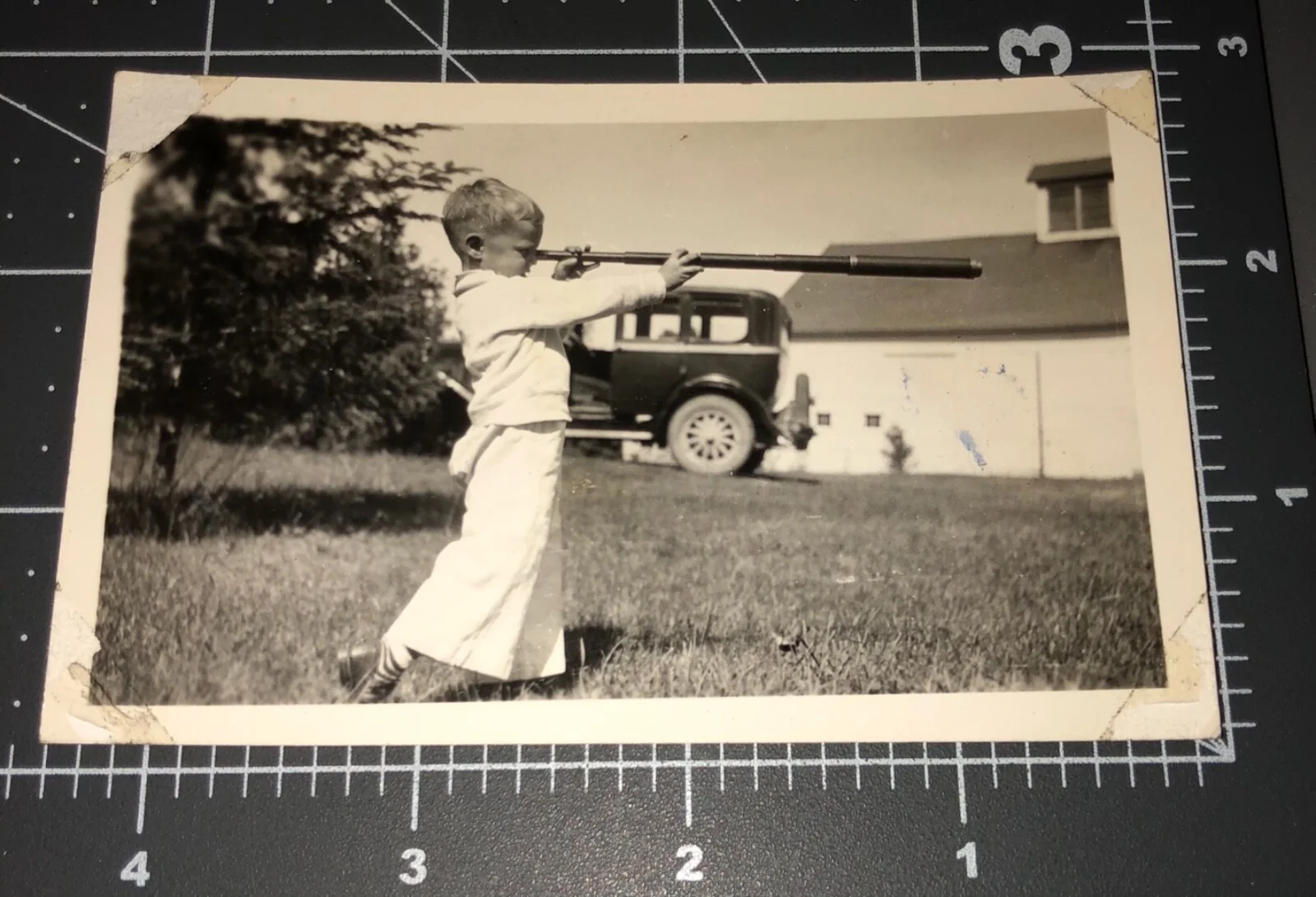 Fantastic 1920s Boy w/ LONG EYEGLASS Telescope Spyglass Vintage Snapshot PHOTO
