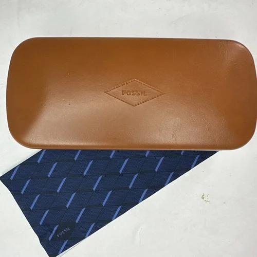 Fossil Brown/Navy Eyeglasses Sunglasses Case Clam Shell With Cleaning Cloth