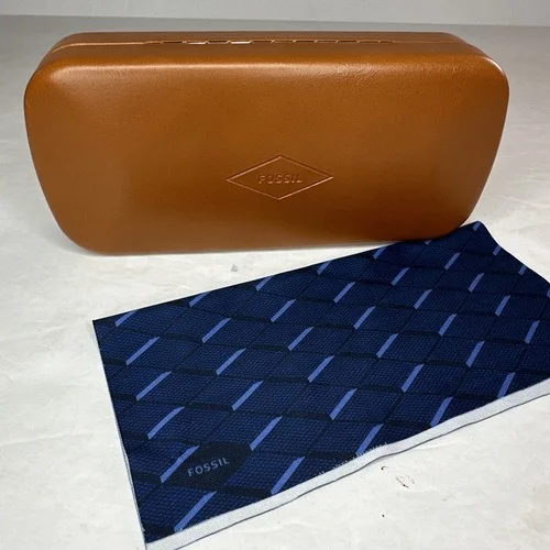 Fossil Brown/Navy Eyeglasses Sunglasses Case Clam Shell With Cleaning Cloth 2