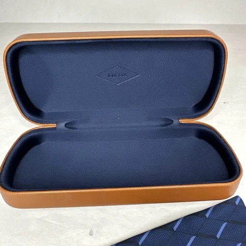 Fossil Brown/Navy Eyeglasses Sunglasses Case Clam Shell With Cleaning Cloth 4