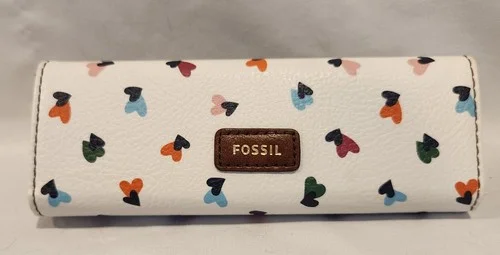 Fossil Sunglasses Glasses Hard Case White With Hearts Leather Magnet Closure