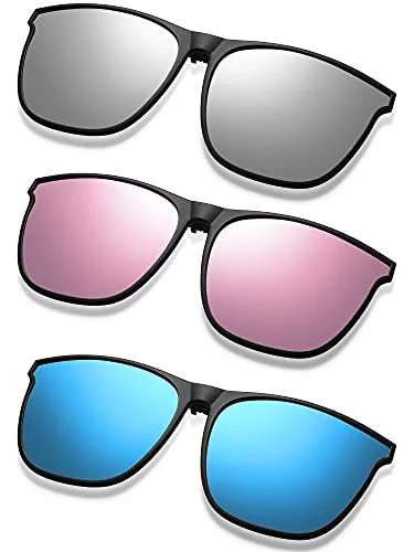 Frienda 3 Pair Oversize Clip-on Sunglasses Large TR90 Frame Flip up Driving Glasses for Women Men(Blue, Pink, Silver)