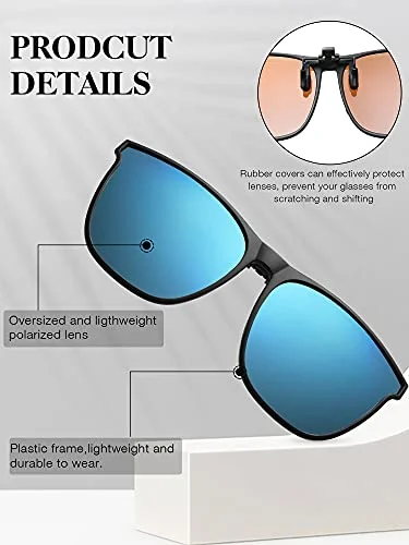 Frienda 3 Pair Oversize Clip-on Sunglasses Large TR90 Frame Flip up Driving Glasses for Women Men(Blue, Pink, Silver) 3