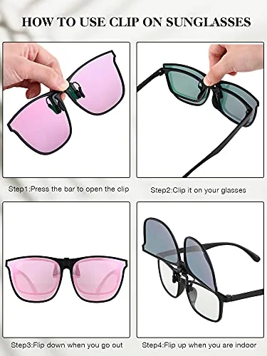 Frienda 3 Pair Oversize Clip-on Sunglasses Large TR90 Frame Flip up Driving Glasses for Women Men(Blue, Pink, Silver) 4