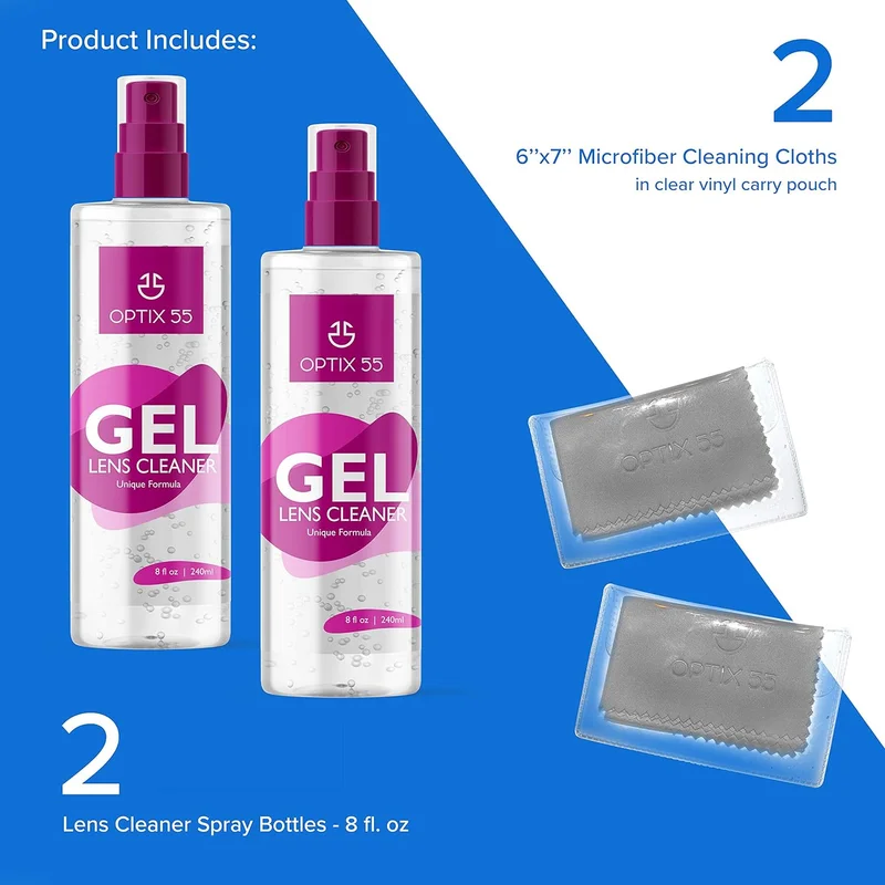 Gel Lens Cleaner Kit - (2) 8oz Eye Glasses Cleaner Gel Sprays + (2) Microfiber 3