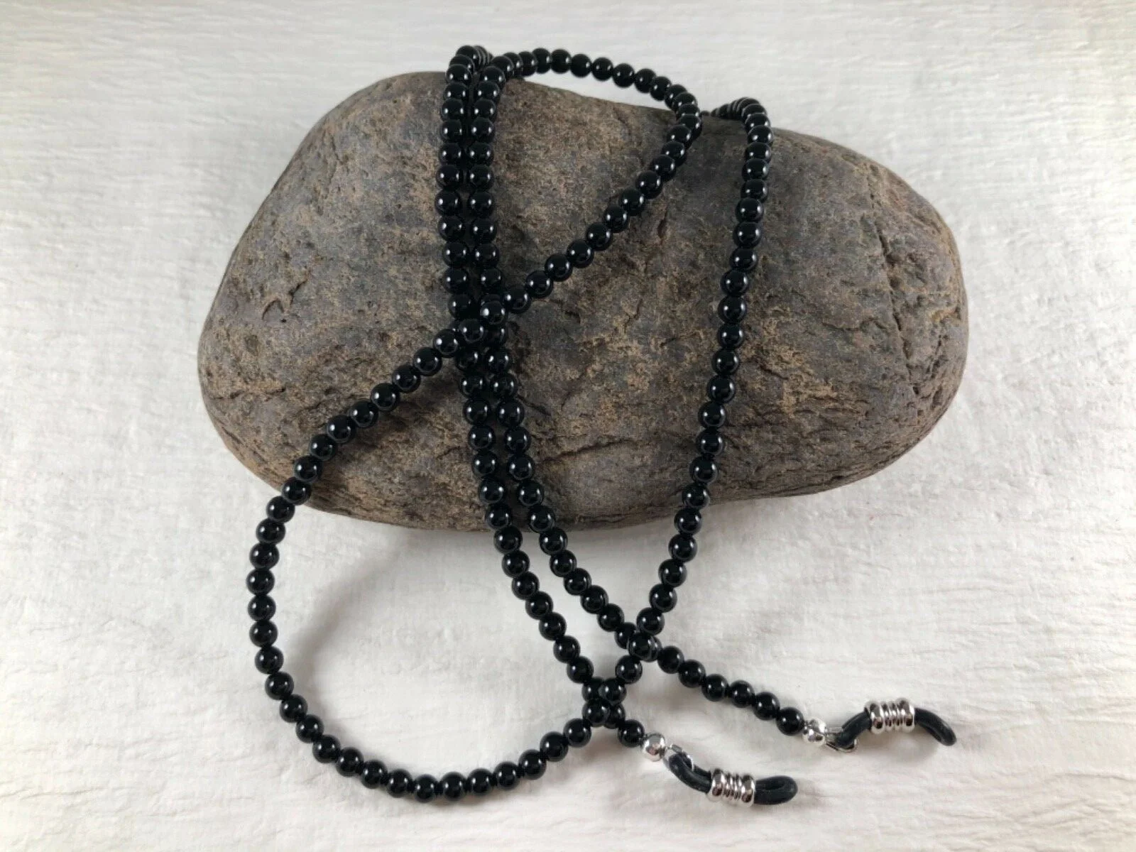 Genuine 4mm BLACK ONYX 27” Beaded Eyeglass Chain Adjustable Silver Trim Ends USA