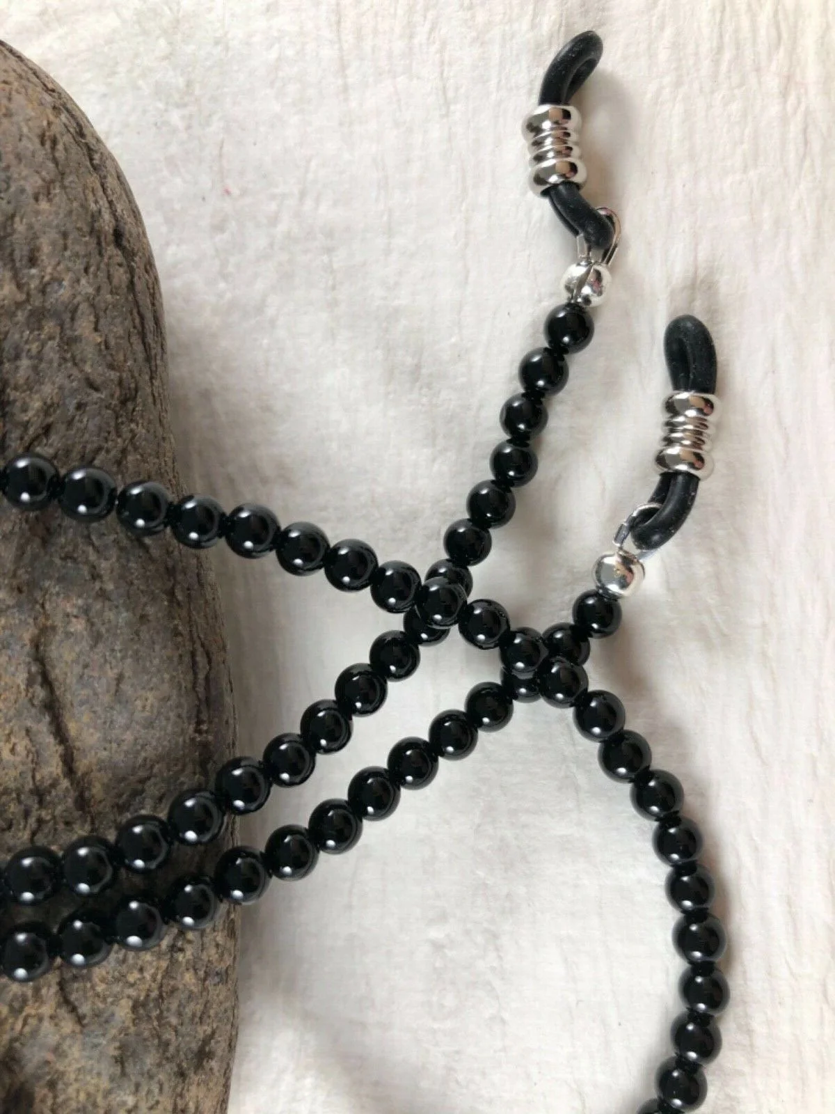 Genuine 4mm BLACK ONYX 27” Beaded Eyeglass Chain Adjustable Silver Trim Ends USA 2
