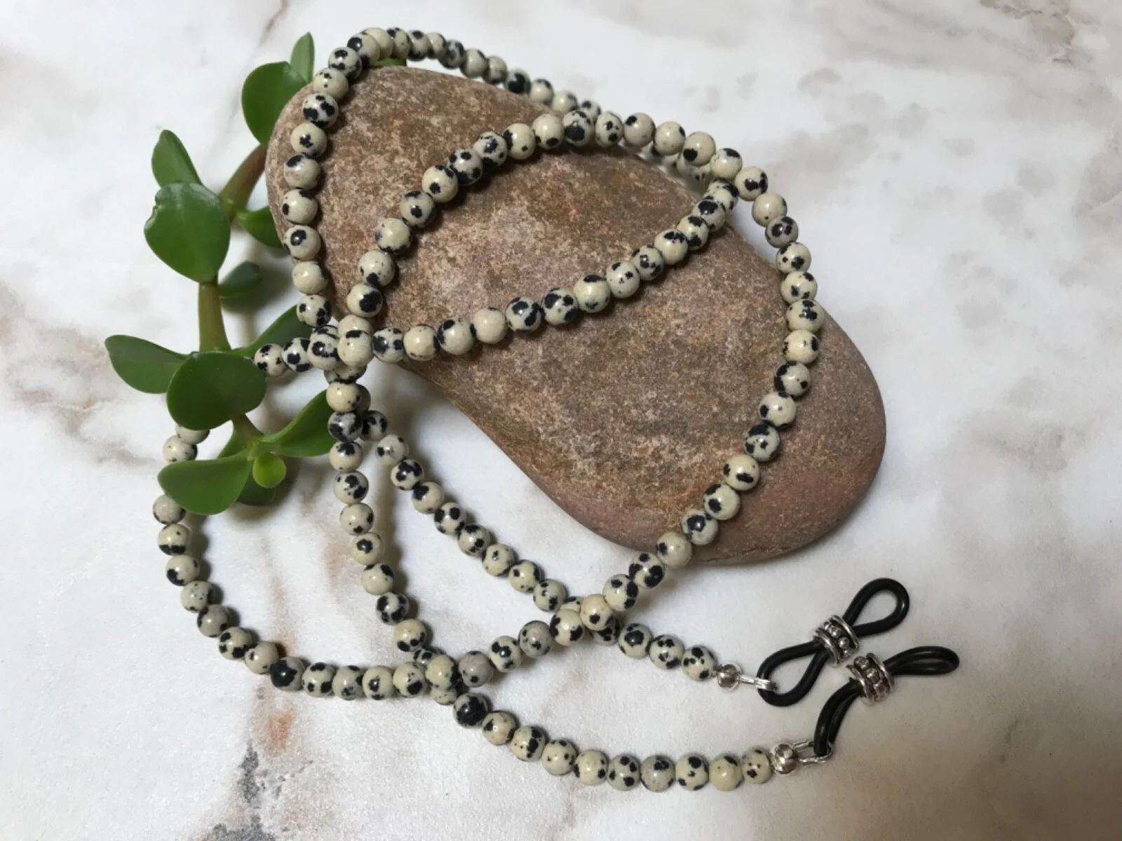 Genuine 4mm Dalmatian Spot JASPER *Stone of Joy* 27” Beaded Eyeglass Chain USA