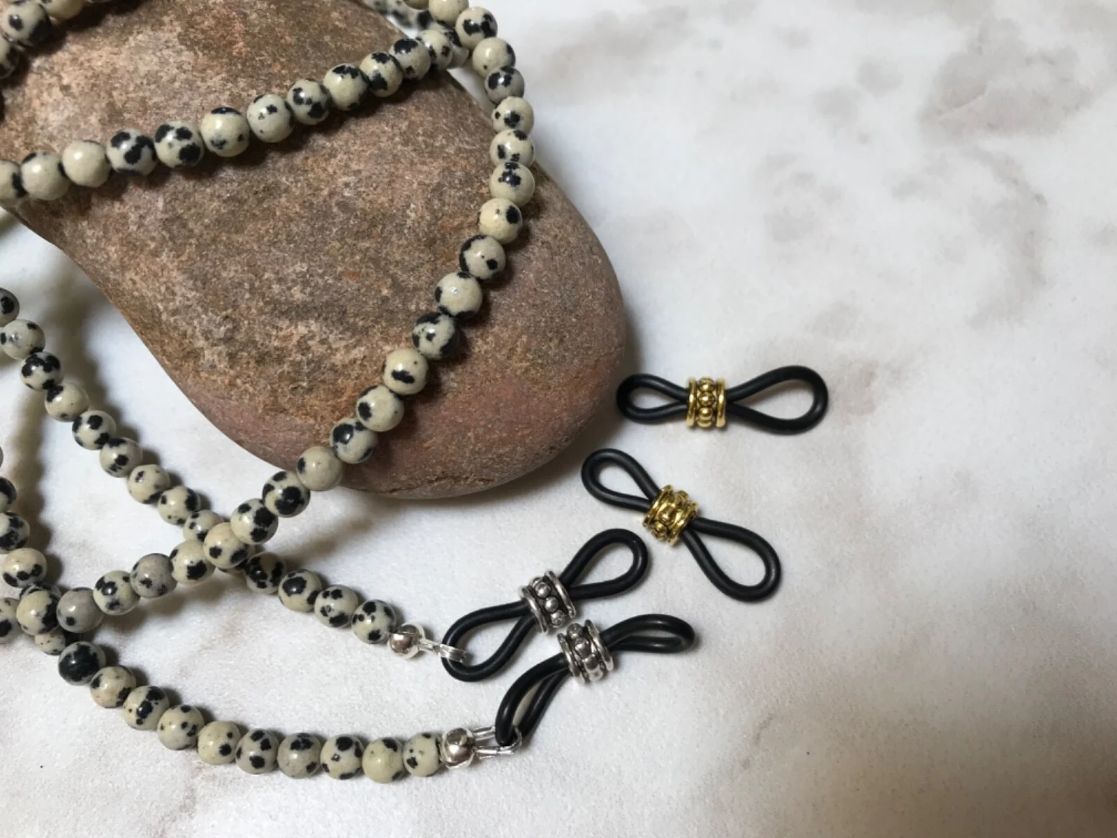 Genuine 4mm Dalmatian Spot JASPER *Stone of Joy* 27” Beaded Eyeglass Chain USA 2