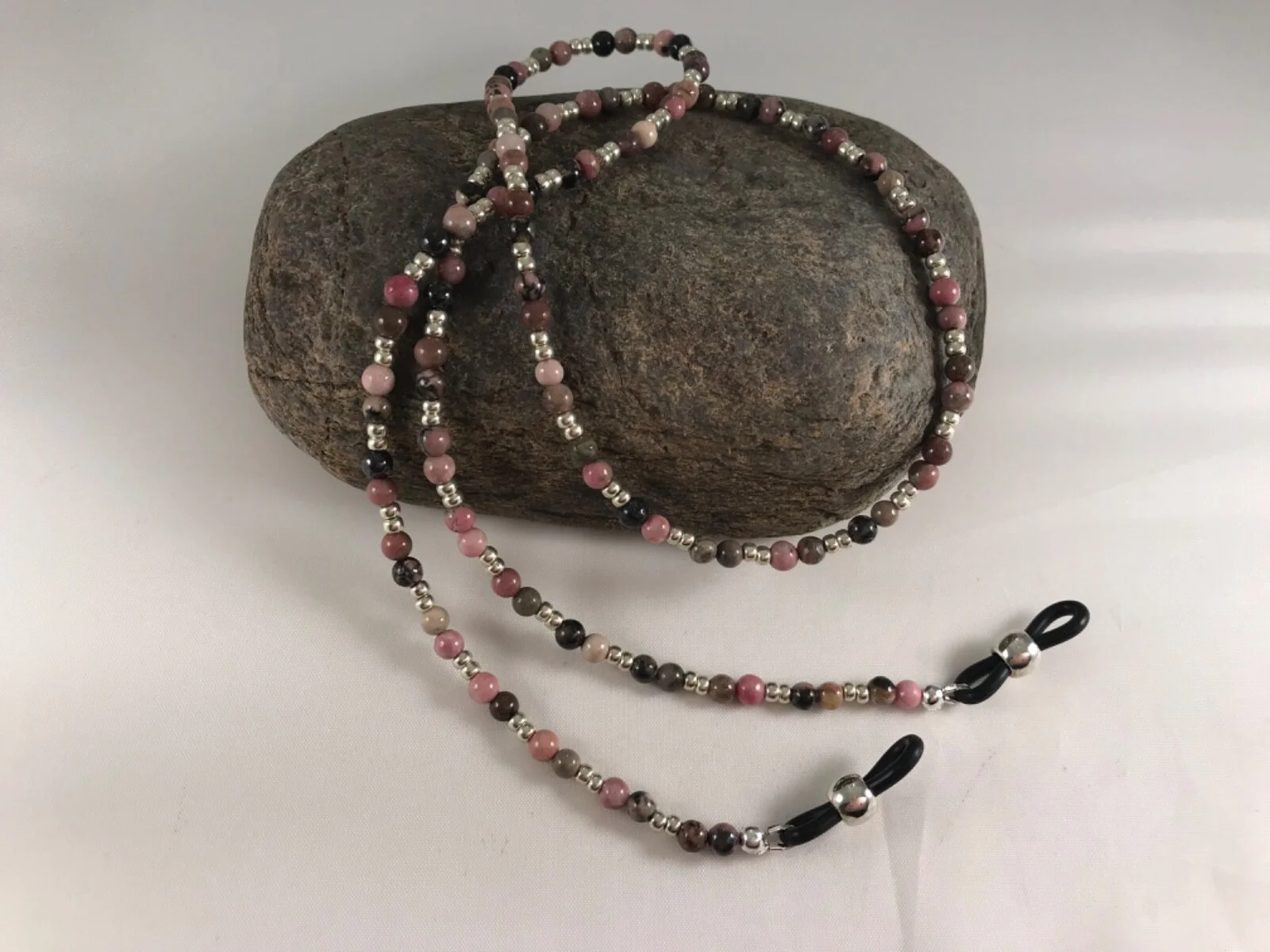 Genuine 4mm RHODONITE *Compassion Stone* 27” Long Beaded Eyeglass Chain USA