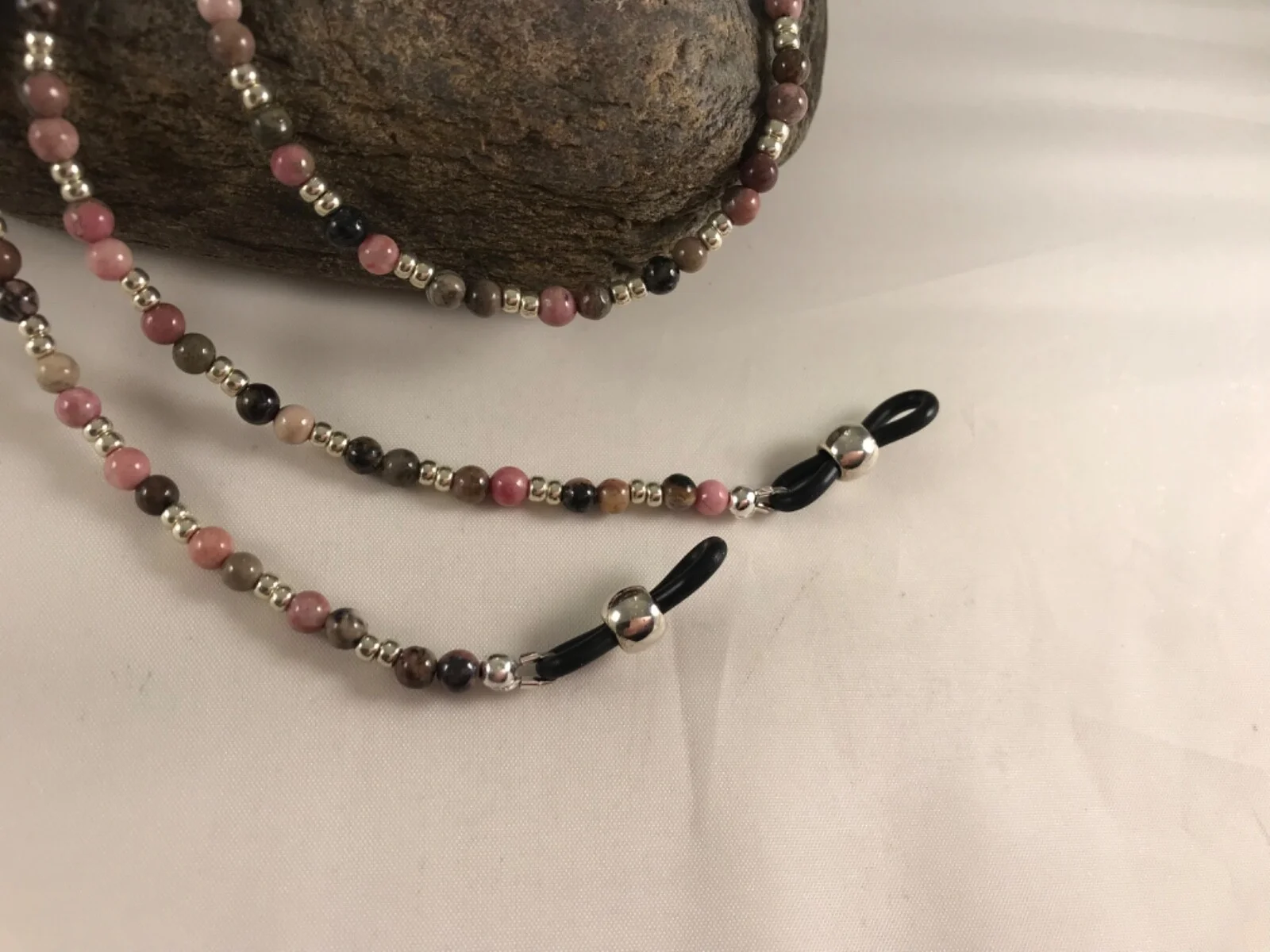 Genuine 4mm RHODONITE *Compassion Stone* 27” Long Beaded Eyeglass Chain USA 2
