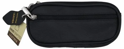 Genuine Leather Zippered Double Eyeglass Sunglasses Case Holder Black 2