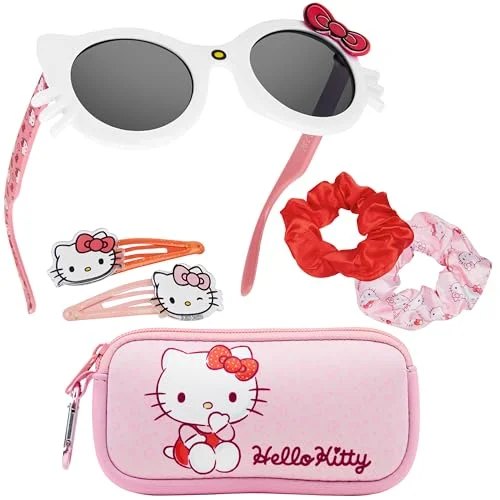 Get Trend Hello Kitty UV Protection Sunglasses and Hair Accessories with Scrunchies Cute Hair Clips Small Pouch Gifts for Girls (Pink Hello Kitty)