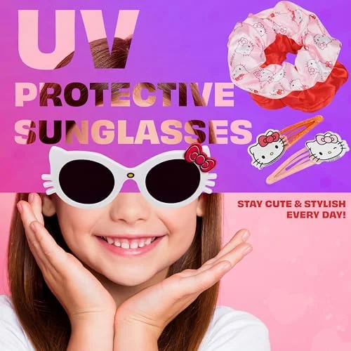 Get Trend Hello Kitty UV Protection Sunglasses and Hair Accessories with Scrunchies Cute Hair Clips Small Pouch Gifts for Girls (Pink Hello Kitty) 3