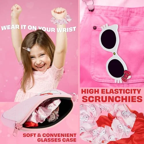 Get Trend Hello Kitty UV Protection Sunglasses and Hair Accessories with Scrunchies Cute Hair Clips Small Pouch Gifts for Girls (Pink Hello Kitty) 4