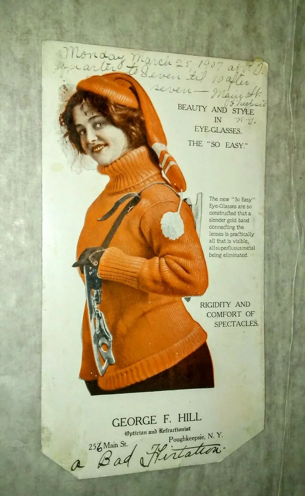 GIBSON GIRL 1907 SO EASY EYEGLASSES AD CARD Optician Poughkeepsie New York Skate 2