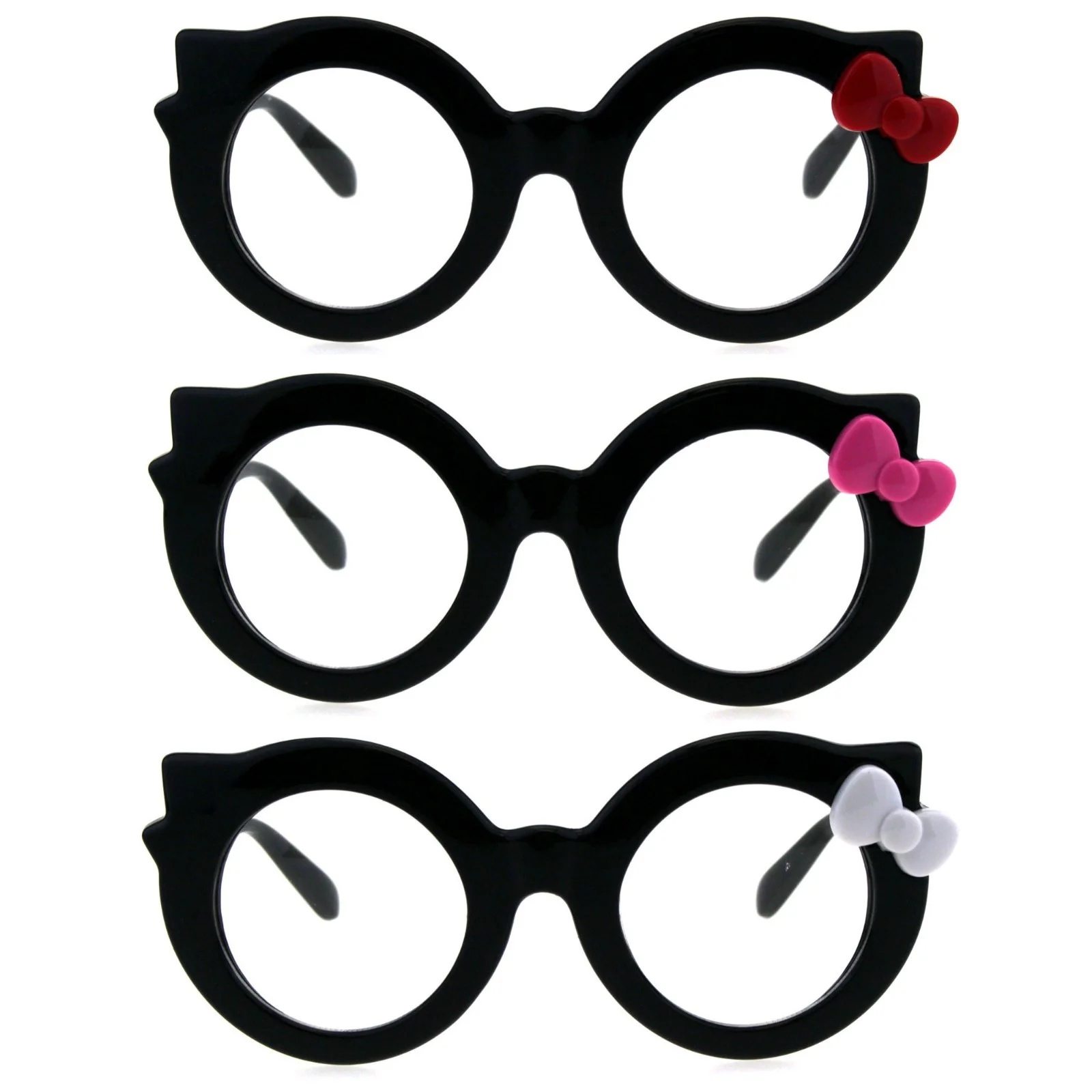 Girly Cute Round Circle Lens Kitty Thick Plastic Bow Trim Eyeglasses
