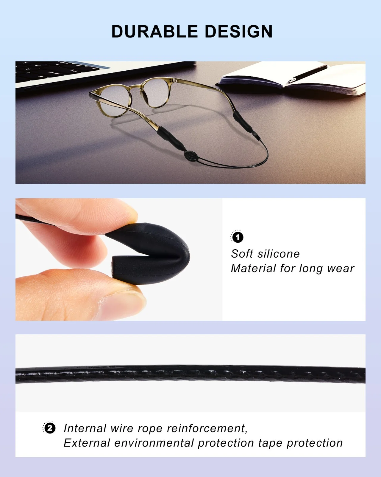 Glasses Strap 3 PCS, Eyeglass Holder for Men Women, Adjustable Black No Tail 2