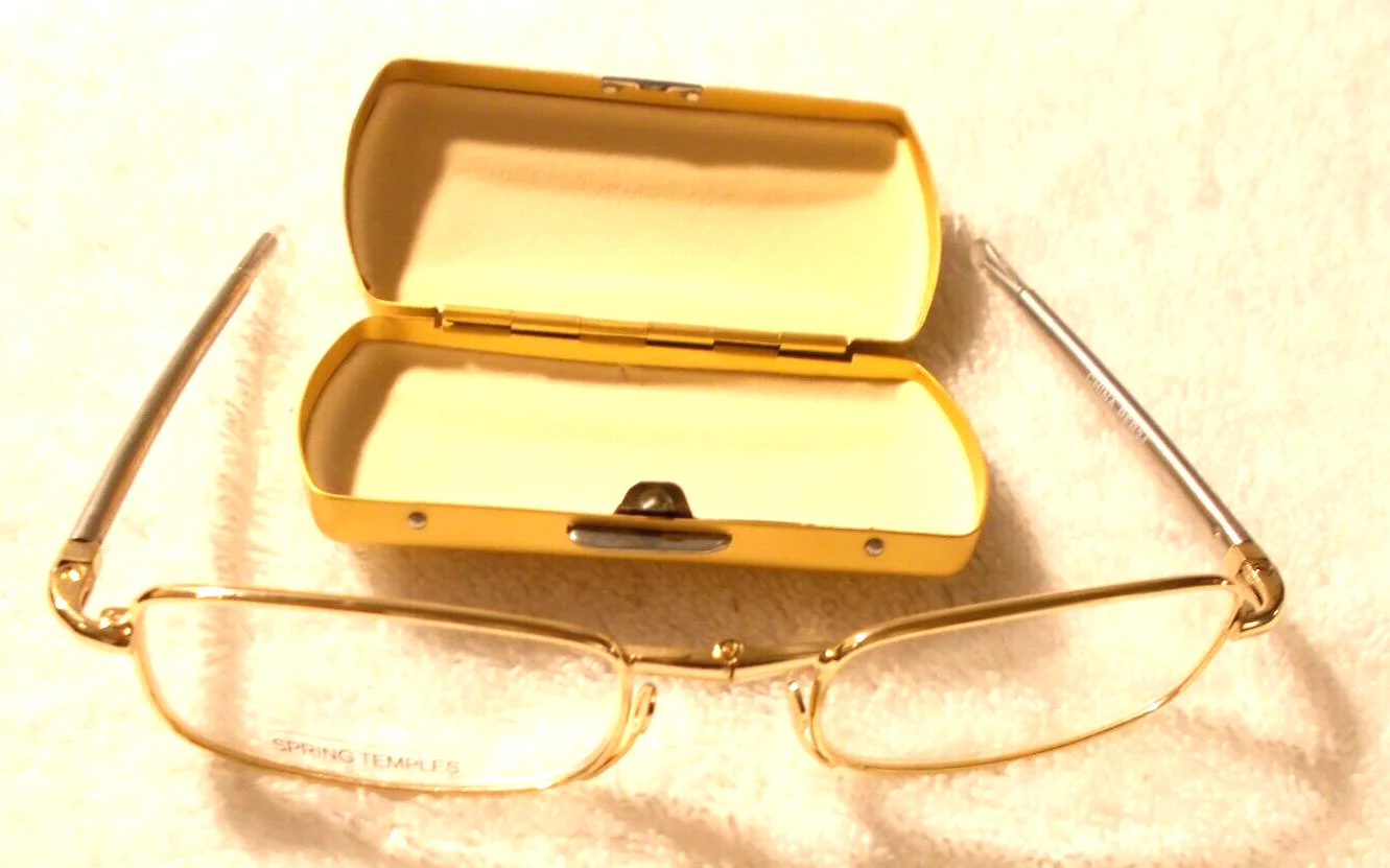 GOLD Frame Folding Reading Glasses/Case Telescopic Arms & Spring Temples +2.00 3