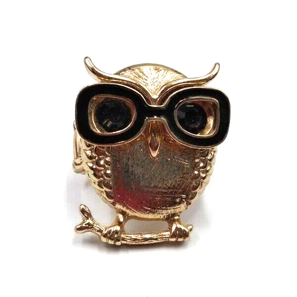 Gold Tone Owl Black Eyeglasses On Branch Stretch Ring Crystal Eyes SZ 8 to 9 +