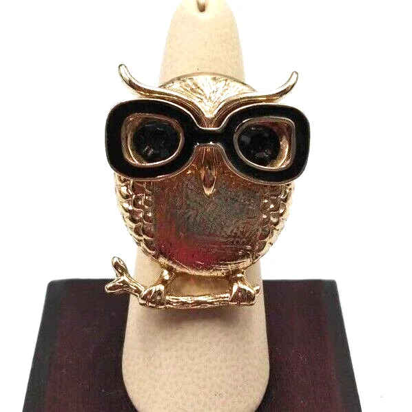 Gold Tone Owl Black Eyeglasses On Branch Stretch Ring Crystal Eyes SZ 8 to 9 + 2