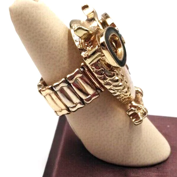 Gold Tone Owl Black Eyeglasses On Branch Stretch Ring Crystal Eyes SZ 8 to 9 + 3