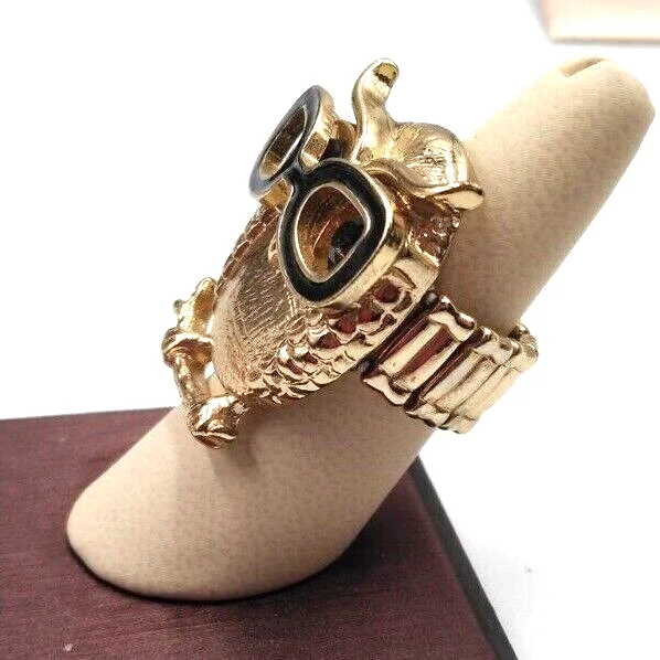 Gold Tone Owl Black Eyeglasses On Branch Stretch Ring Crystal Eyes SZ 8 to 9 + 4