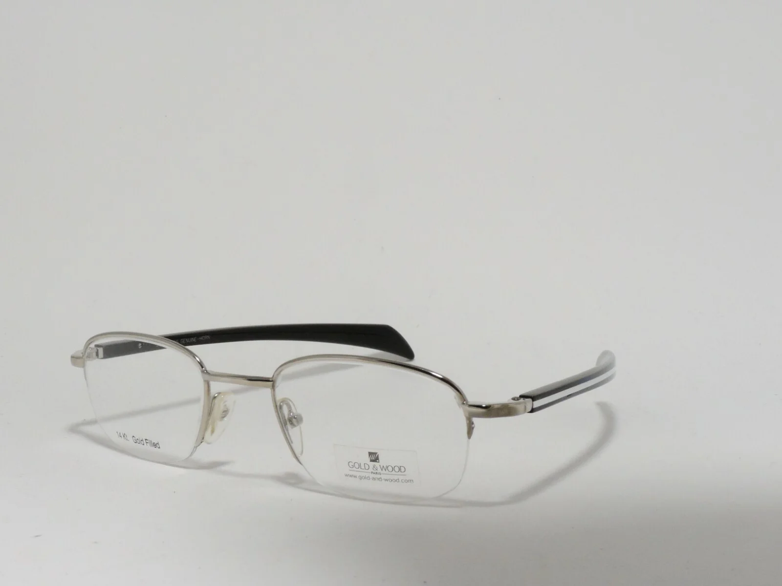 GOLD & WOOD HALF RIMLESS 14K GOLD FILLED GENUINE HORN EYEGLASS FRAMES BLACK SILV 2
