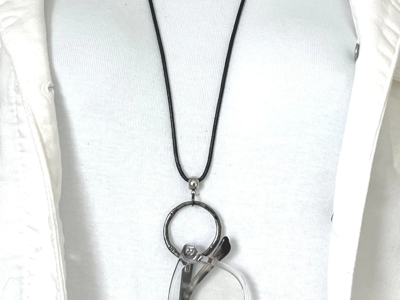 Gray Leather Eyeglass Holder Necklace, Eyeglass Loop Glasses Chain, Gunmetal 2