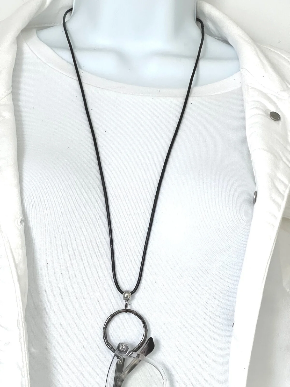 Gray Leather Eyeglass Holder Necklace, Eyeglass Loop Glasses Chain, Gunmetal 4