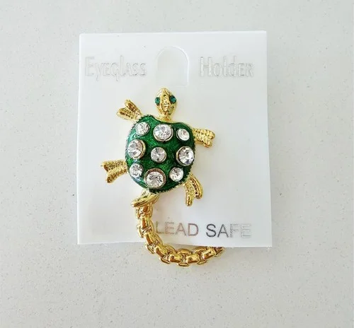 Green Crystal Turtle Magnetic Eyeglass Holder Brooch Pin Silver Plated