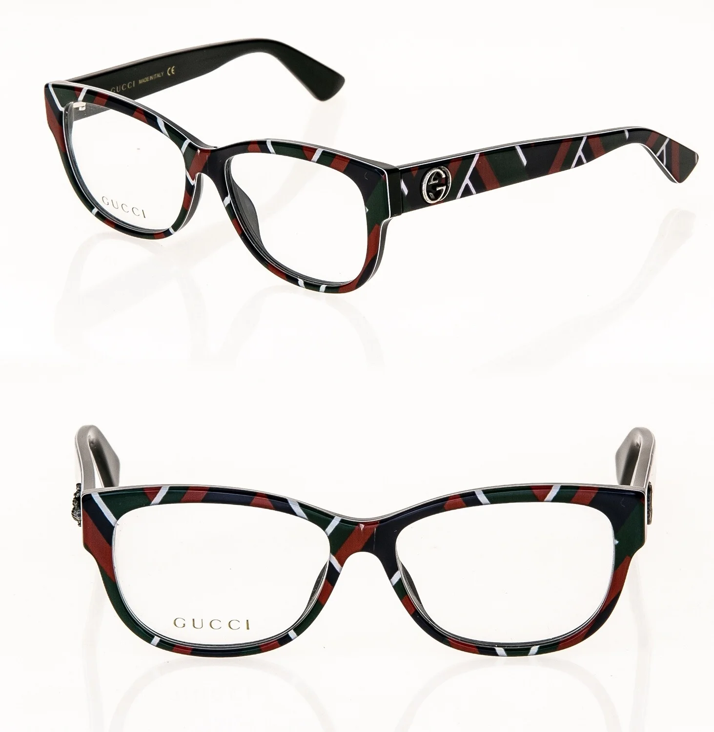 GUCCI AUTHENTIC 0098 Blue Red Green Line Print Bee Stud Eyeglasses GG0098O 004