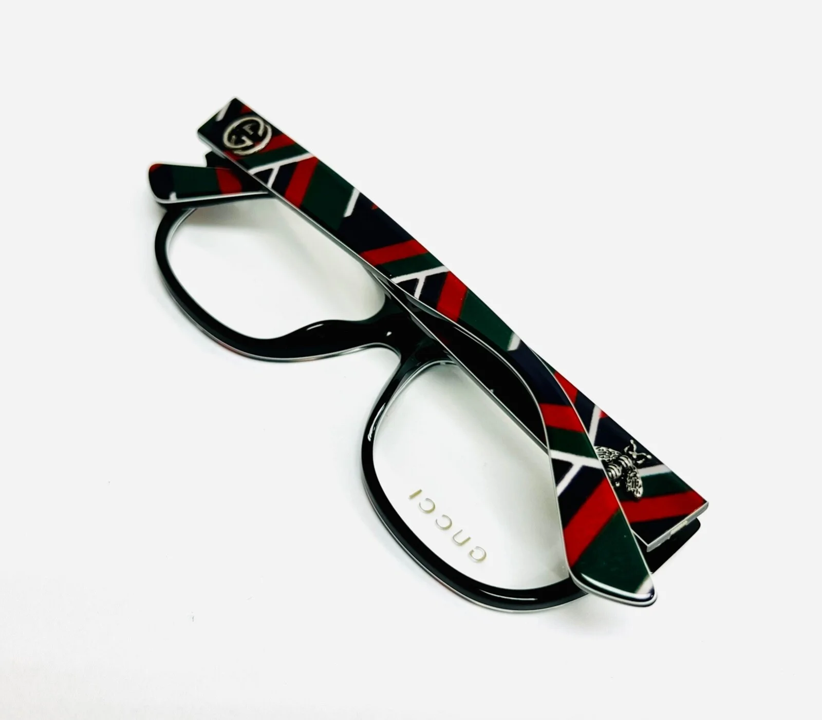 GUCCI AUTHENTIC 0098 Blue Red Green Line Print Bee Stud Eyeglasses GG0098O 004 4
