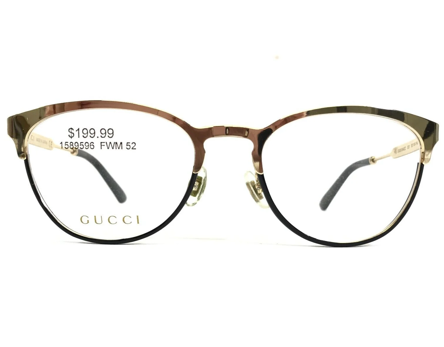 Gucci Eyeglasses Frames GG0134OZ 001 Black Gold Round Full Rim 52-19-140 2